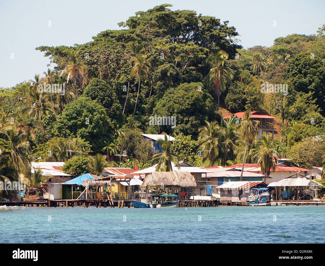 Old Bank village in Bastimentos island with lush vegetation, Bocas del Toro archipelago, Caribbean sea, Panama Stock Photo