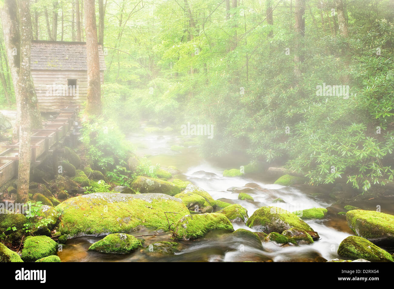 USA, Tennessee, Great Smoky Mountains National Park. The Tub Mill along the Roaring Fork creek. Stock Photo
