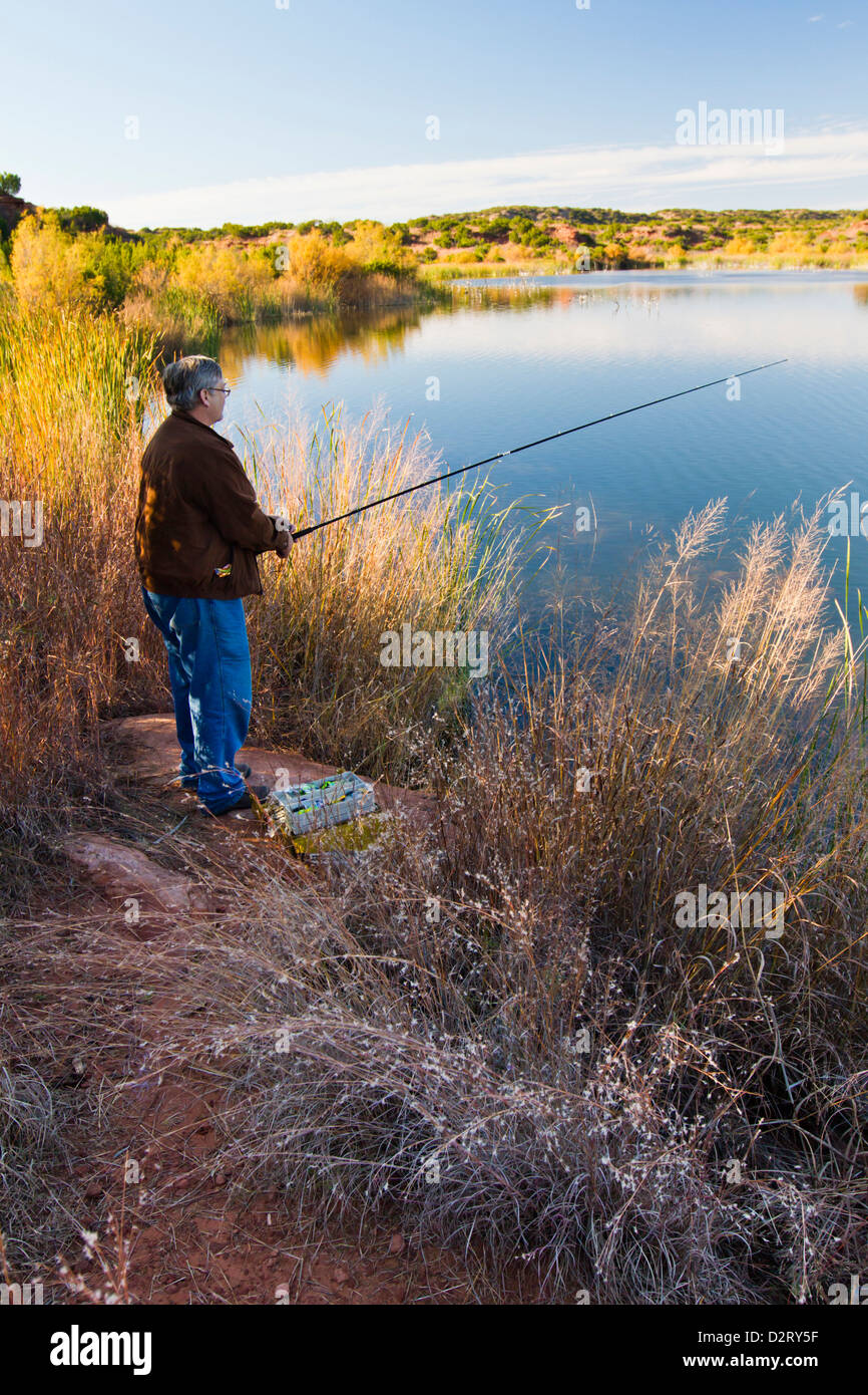 Fishing at Copper Breaks State Park in autumn at Quanah, Texas Stock