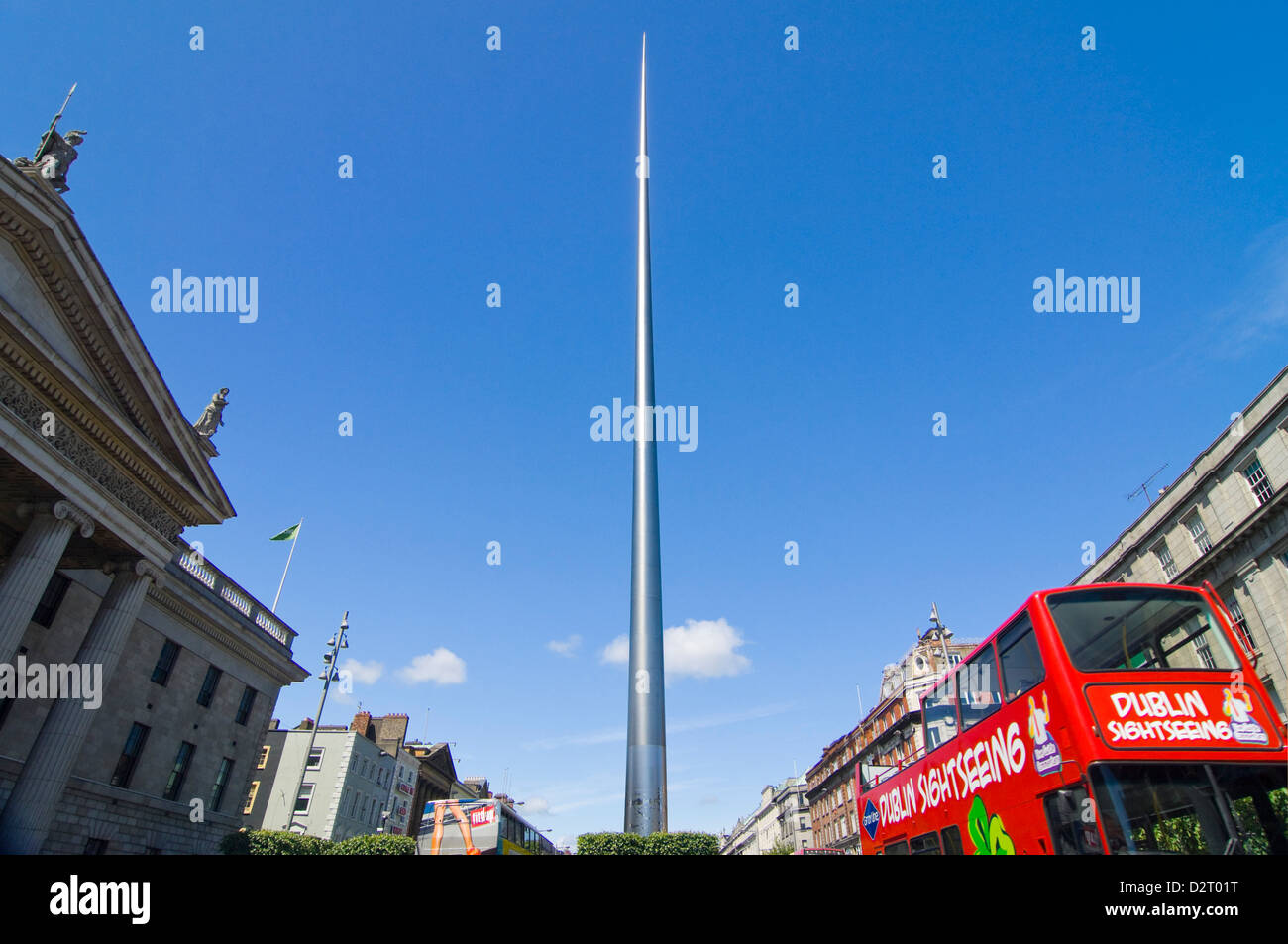 Horizontal streetscape of O'Connell street, the main thoroughfare through Dublin, and the Spire of Dublin on a sunny day. Stock Photo