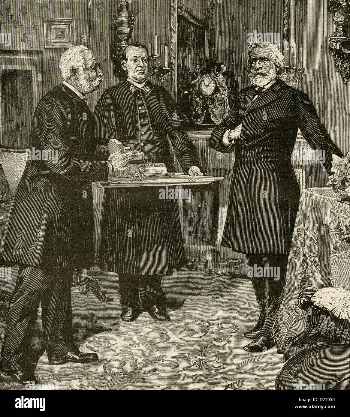 1890 engraving, Italy - The Mayor of Genoa Presenting a Commemorative Medal to Verdi. Stock Photo