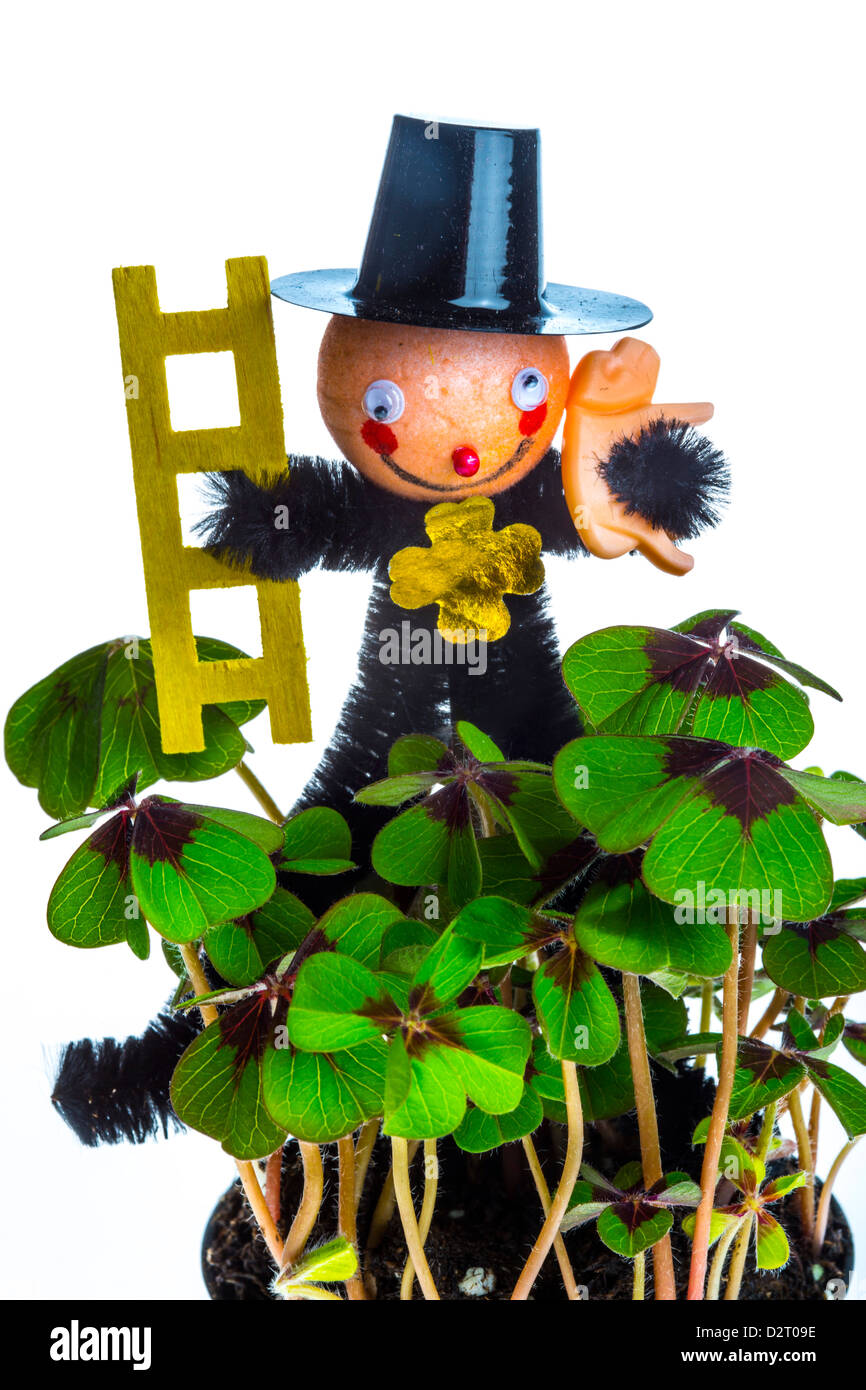 Shamrock bush, plant in a pot, with a chimney sweeper figure. Lucky charm symbol at new years day. Stock Photo