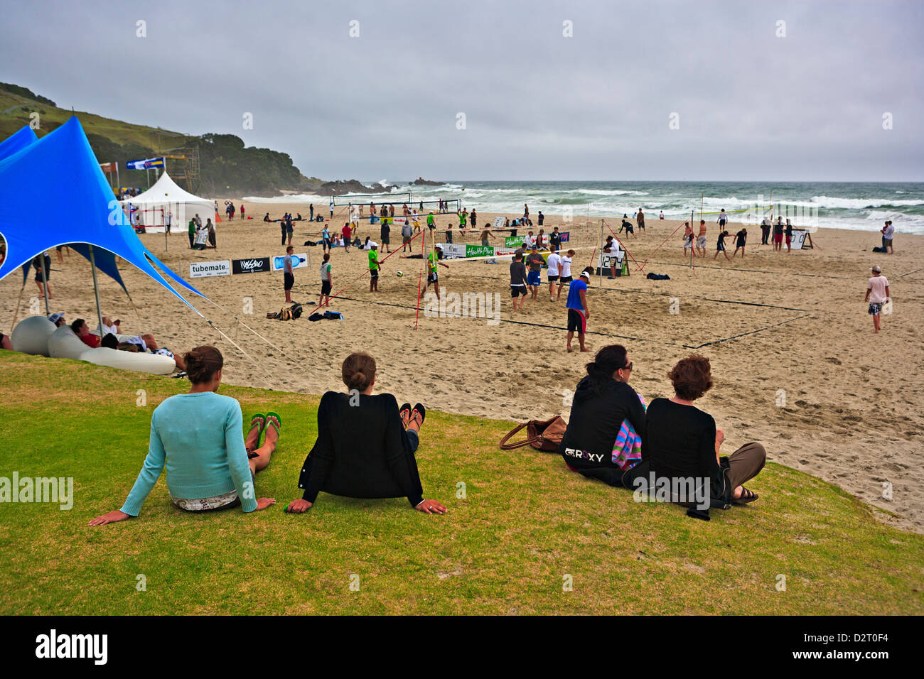 Beach Volleyball Tournament in Mt Maunganui, Bay of Plenty, North Island, New Zealand. Stock Photo