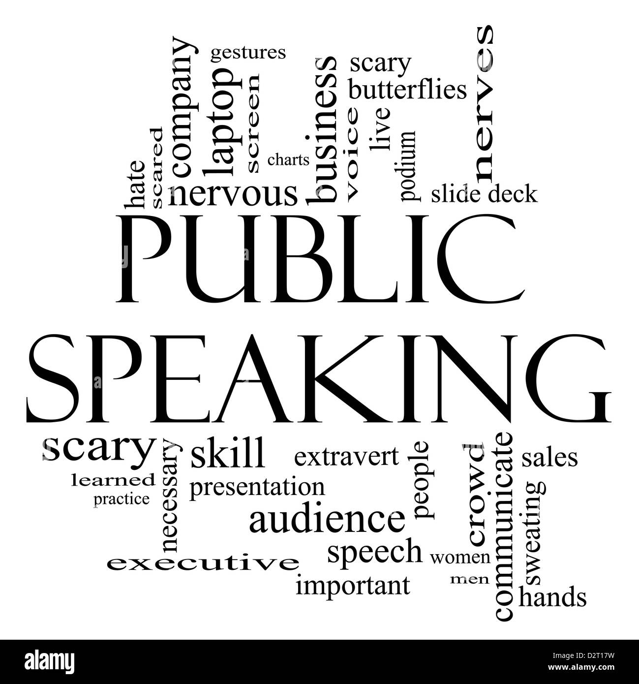 Public Speaking Word Cloud Concept in black and white with great terms
