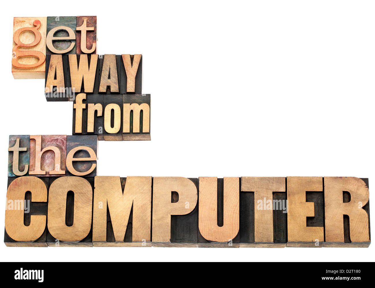 get away from the computer - computer or internet addiction or work overload concept - isolated text in vintage letterpress type Stock Photo