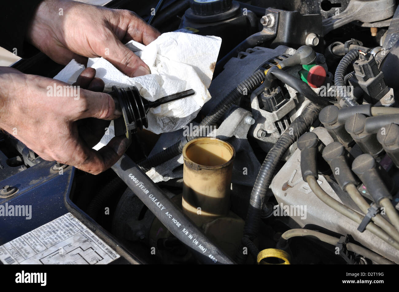 Man working on his car checking power steering fluid level Stock