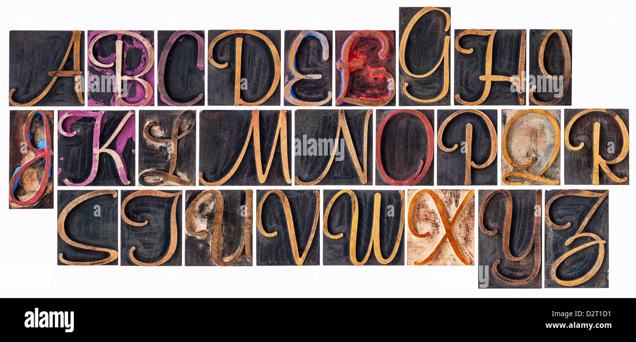 complete English alphabet in ornamental script wood type a collage of