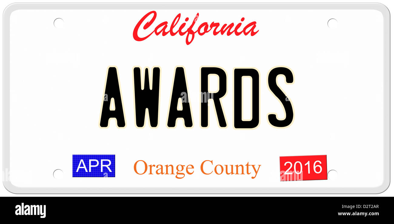 An imitation California license plate with April 2016 stickers and