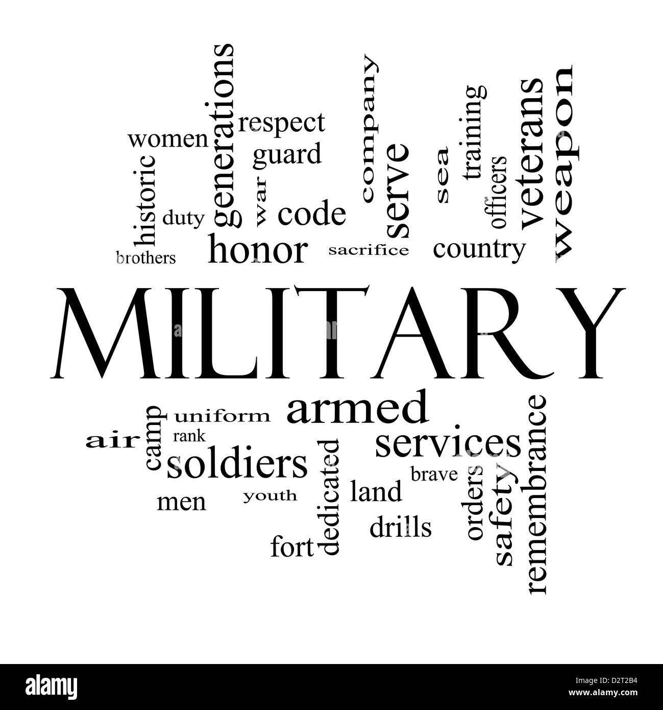Military Word Cloud Concept in black and white with great terms such as honor, sacrifice, country, brave and more. Stock Photo