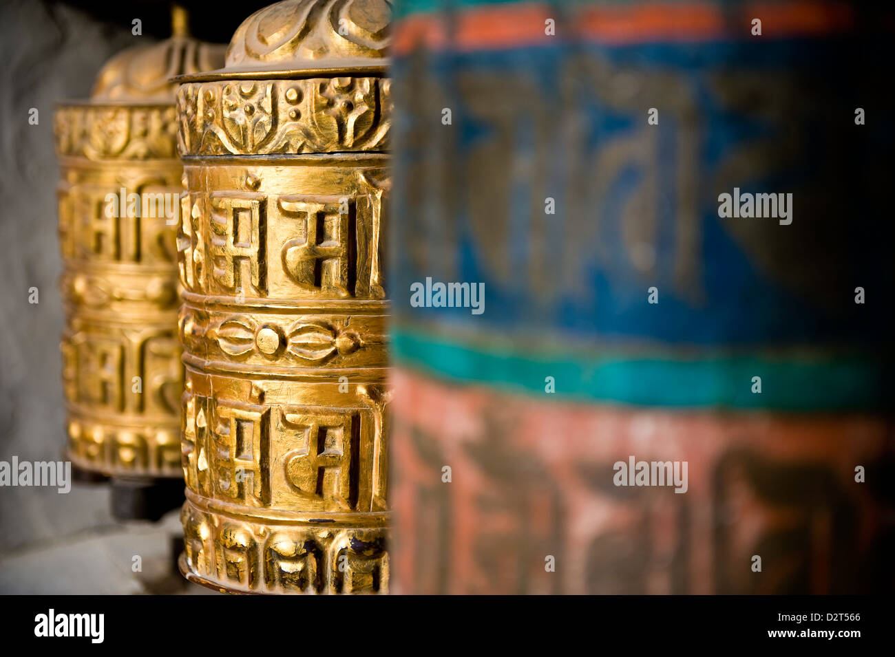 Buddhist prayer wheels, Namche Gompa (Monastery), Namche Bazaar, Solu Khumbu Region, Nepal, Asia Stock Photo