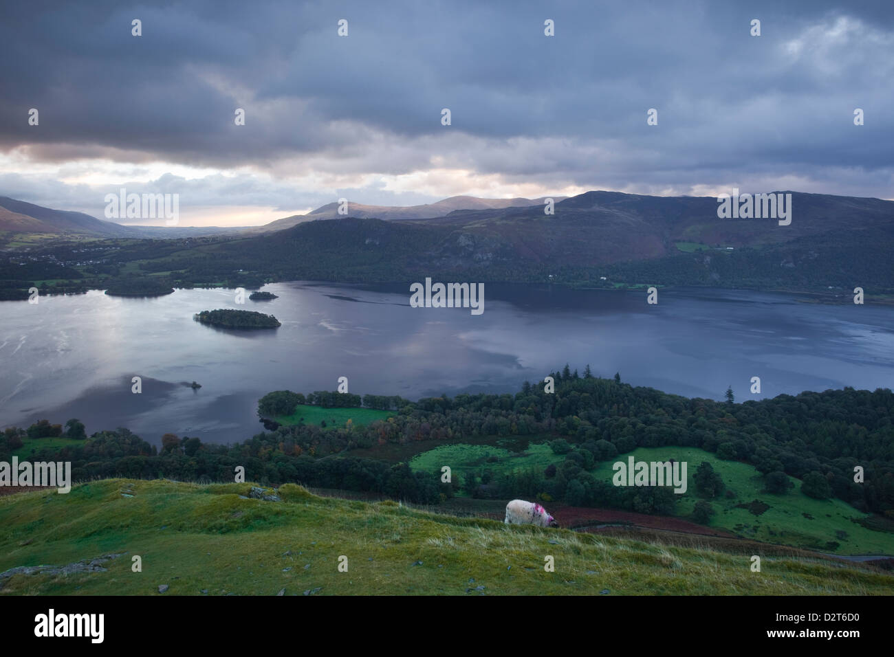 Derwent Water under a cold sunrise in October, Lake District National Park, Cumbria, England, United Kingdom, Europe Stock Photo