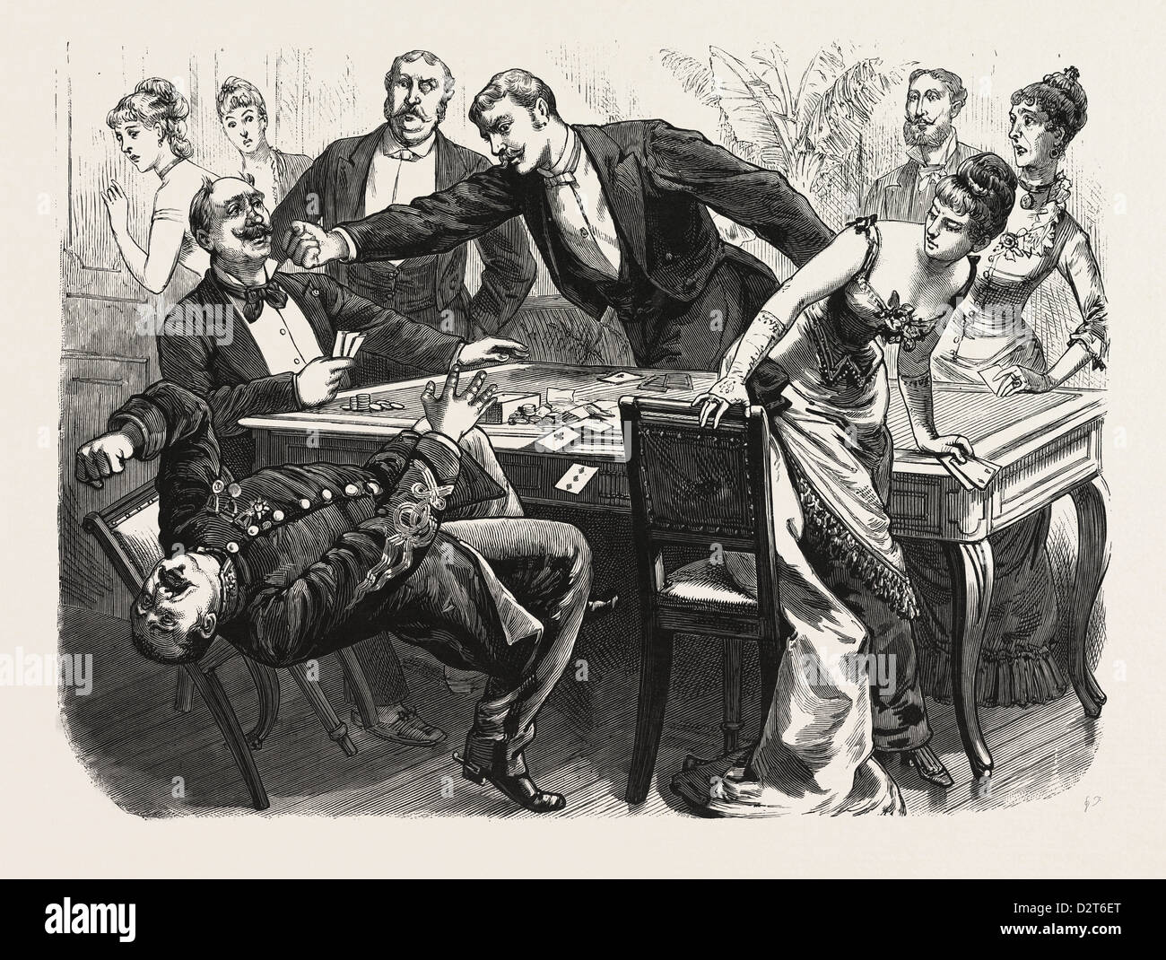 THE BLACK ROBE SCENE IN THE DRAWING-ROOM AT BOULOGNE, ROMAYNE KNOCKING DOWN THE GENERAL AT THE CARD TABLE, engraving 1880 1881 Stock Photo