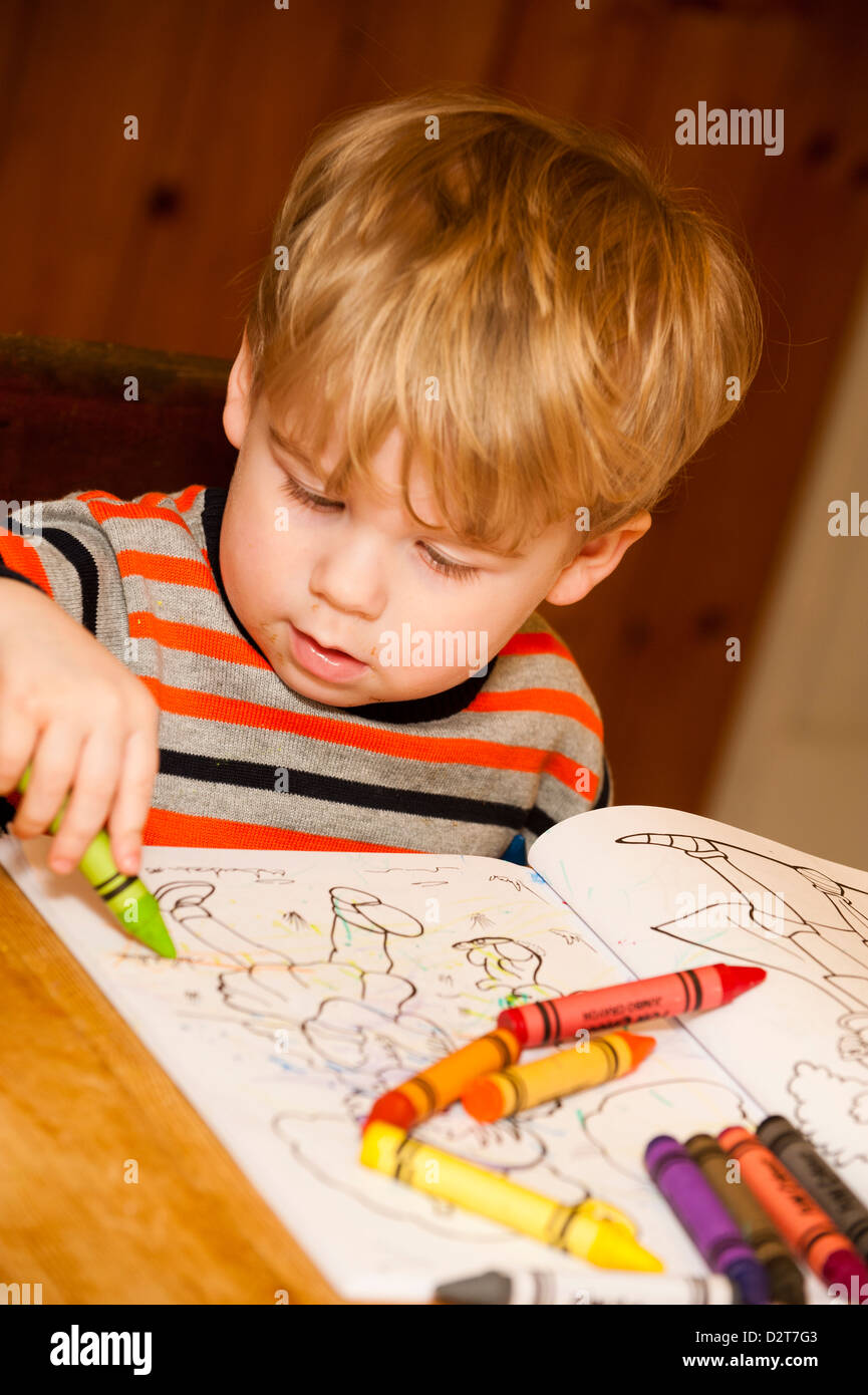 Two years old boy colouring with crayons Stock Photo Alamy