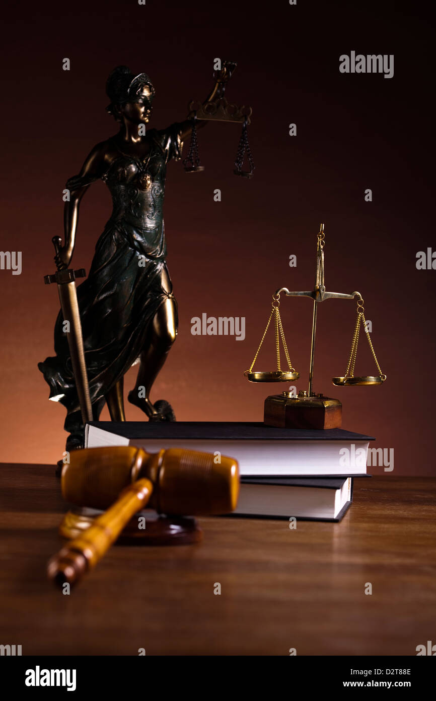 Wooden gavel barrister and statue of lady justice,justice concept Stock Photo