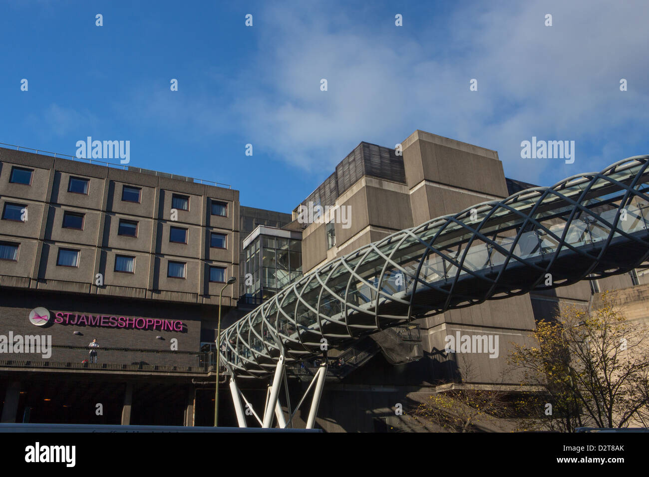 A modern aerial walkway leading to the St. James Shopping Centre in Edinburgh, Scotland. Stock Photo