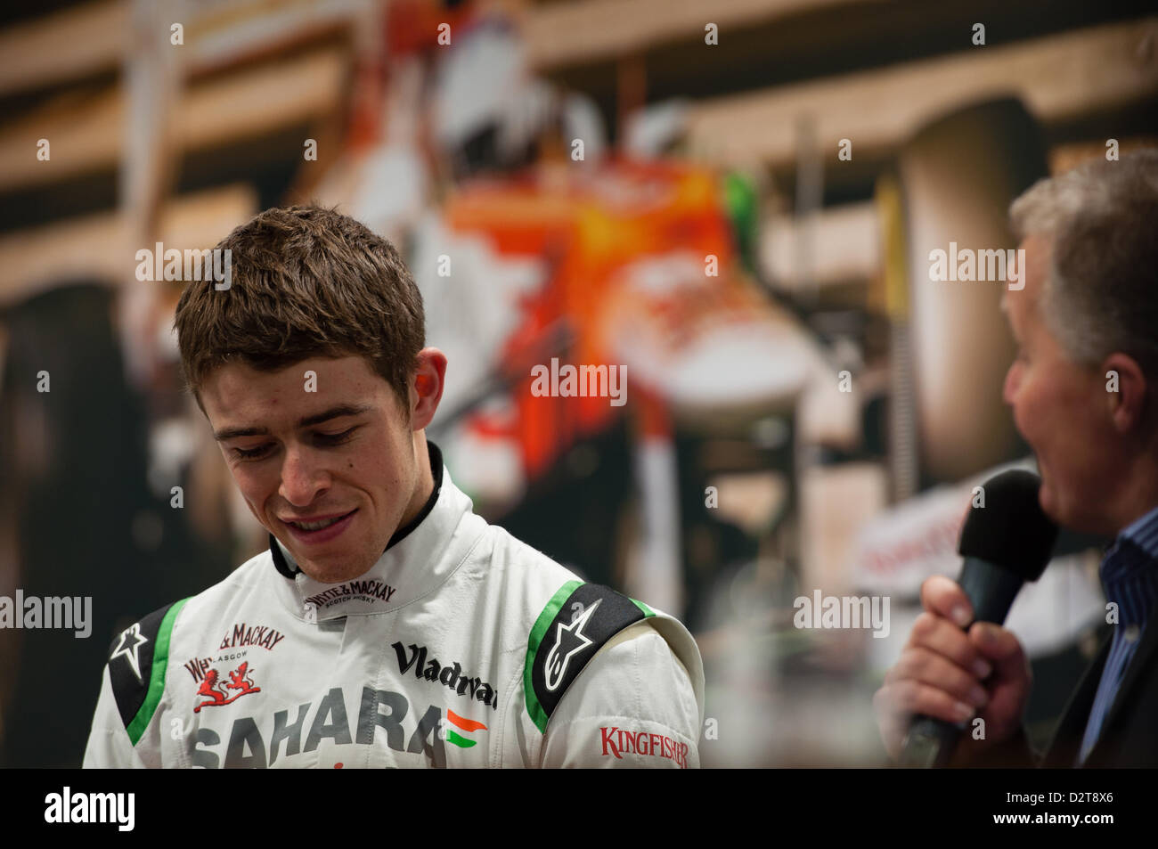 Silverstone, UK. 1st February 2013.  Paul di Resta (GBR) is interviewed at the launch of Force India's new 2013 F1 car, the VJM06.  Credit:  Elaine Scott / Alamy Live News Stock Photo