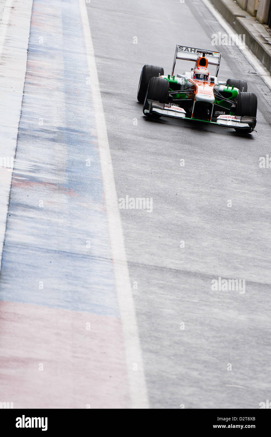 Silverstone, UK. 1st February 2013.  Paul di Resta (GBR) takes Force India's new 2013 F1 car, the VJM06, for a lap around the track.  Credit:  Elaine Scott / Alamy Live News Stock Photo