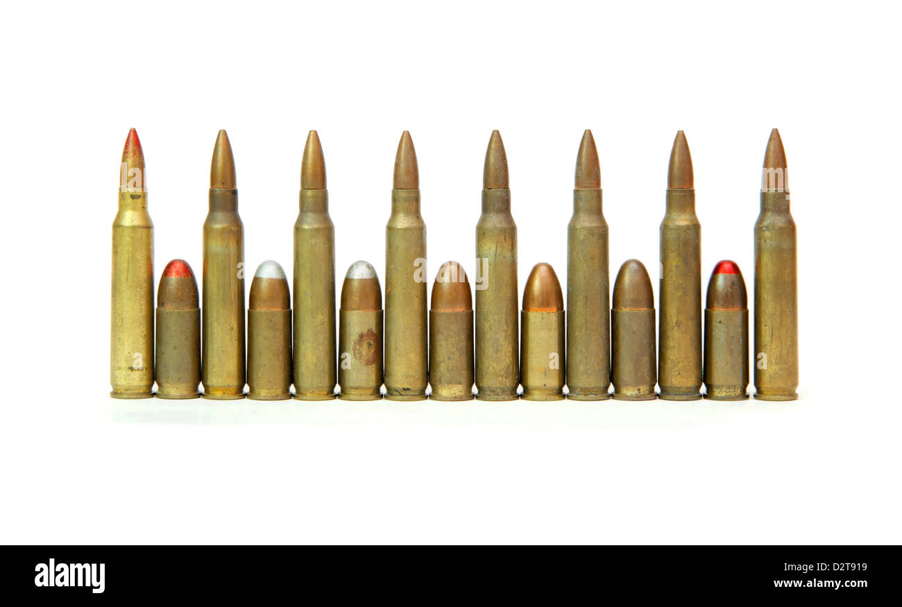 Row of alternating M16 assault rifle and 9mm Parabellum cartridges isolated Stock Photo