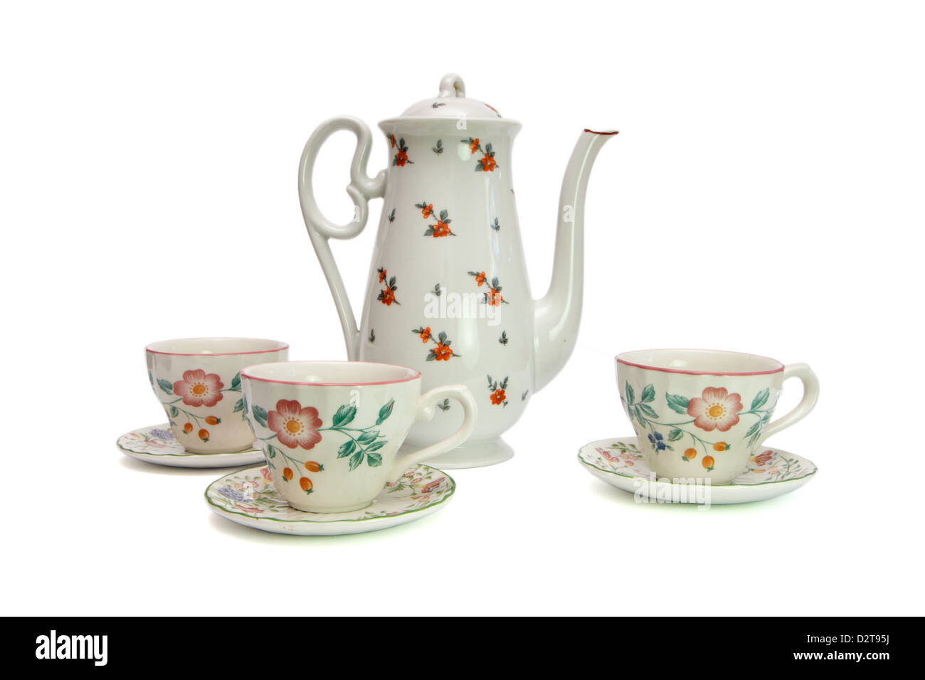 White tea service consisting of high teapot and three cups with saucers