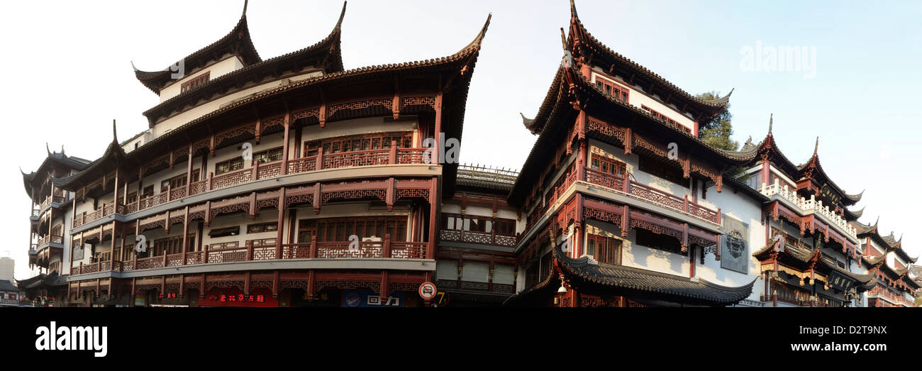 Wide angle panoramic view of traditional Chinese wooden building of Yu Yuan Garden, China Town, Shanghai City. Stock Photo