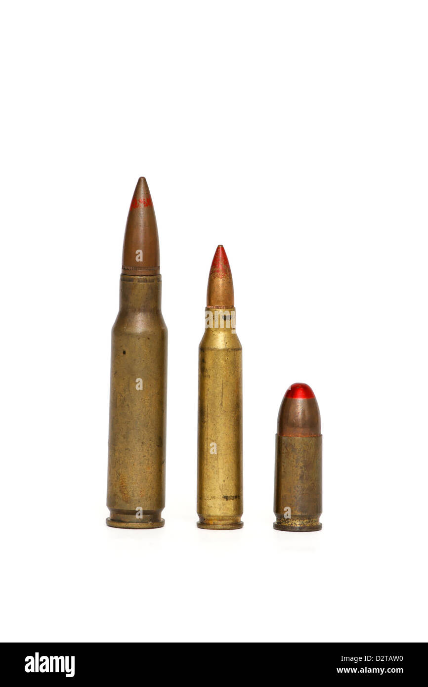 Three red-tipped tracer cartridges of various calibers isolated Stock Photo