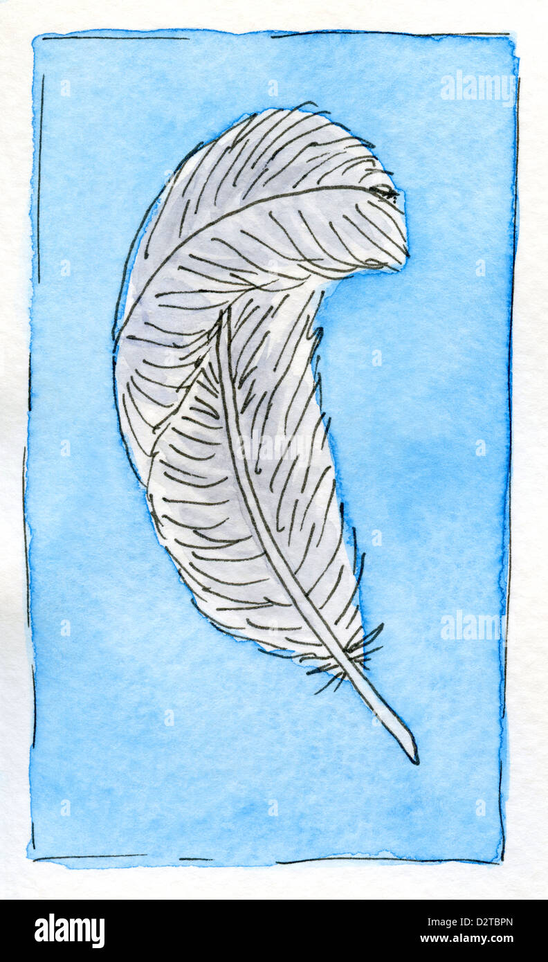 Watercolor painting of white feather Stock Photo