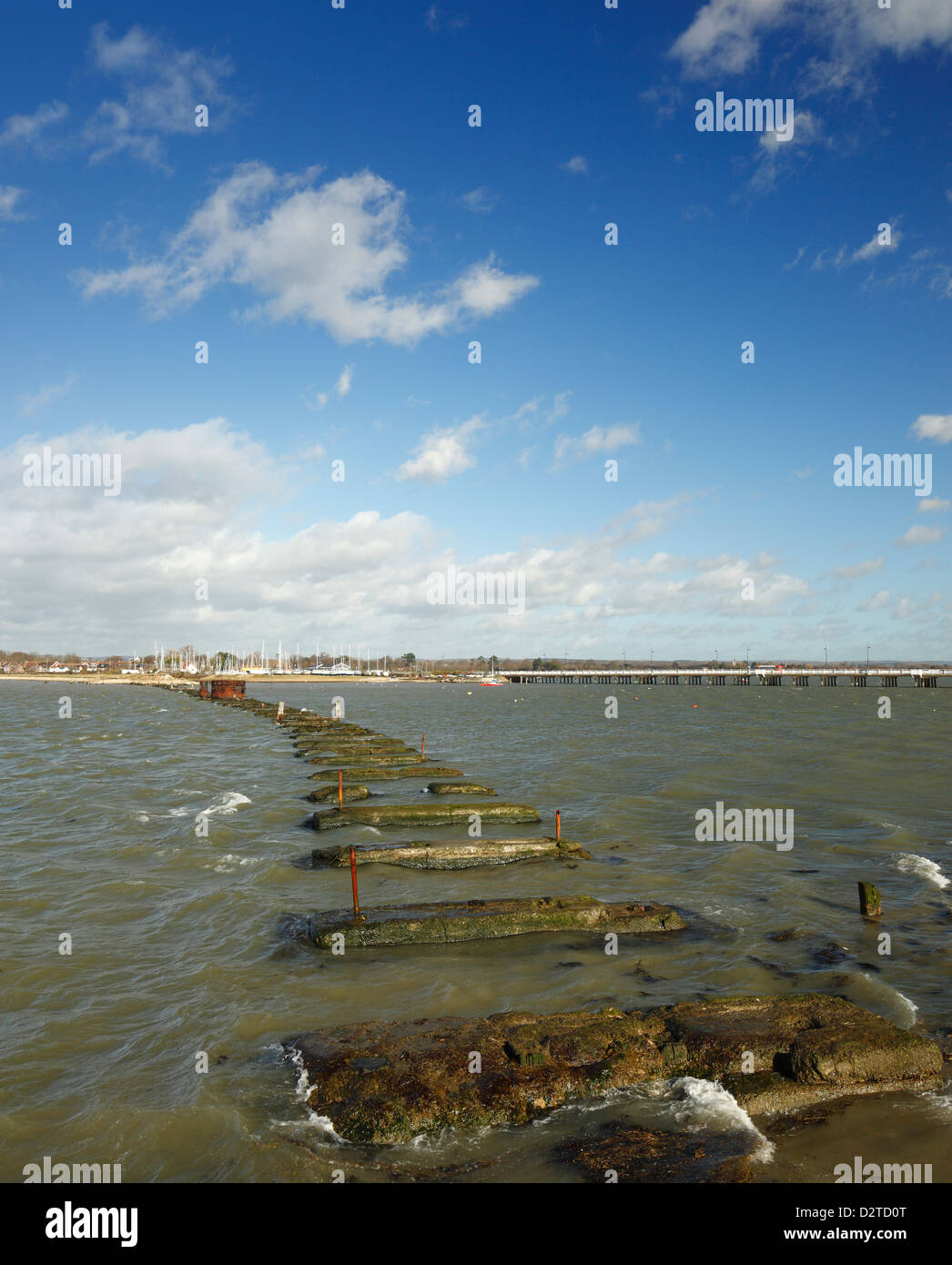 Remains of the Hayling Billy rail bridge crossing Langstone Harbour, to Hayling Island. Havant, West sussex, England, UK. Stock Photo