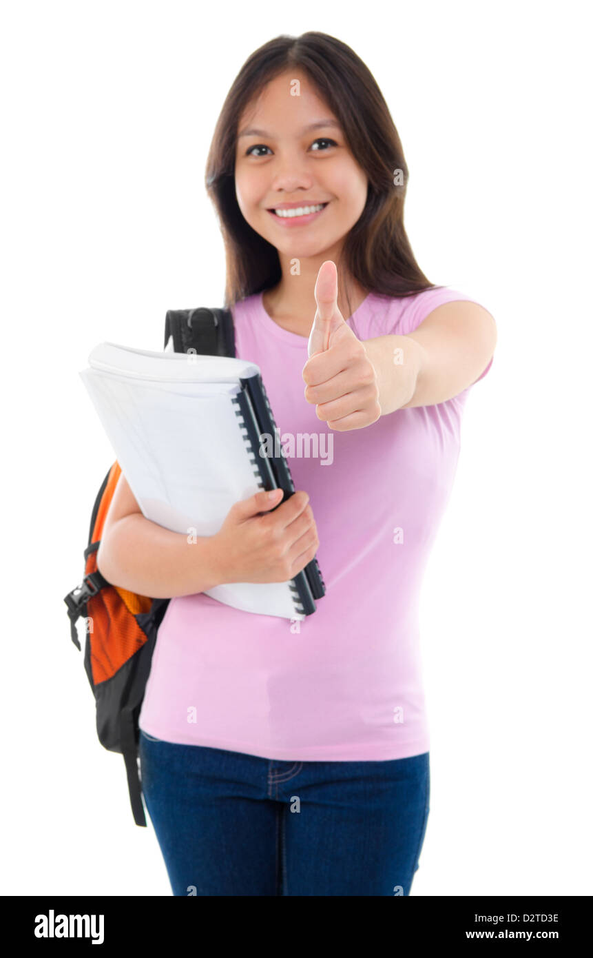 Asian college student thumb up standing isolated on white Stock Photo ...