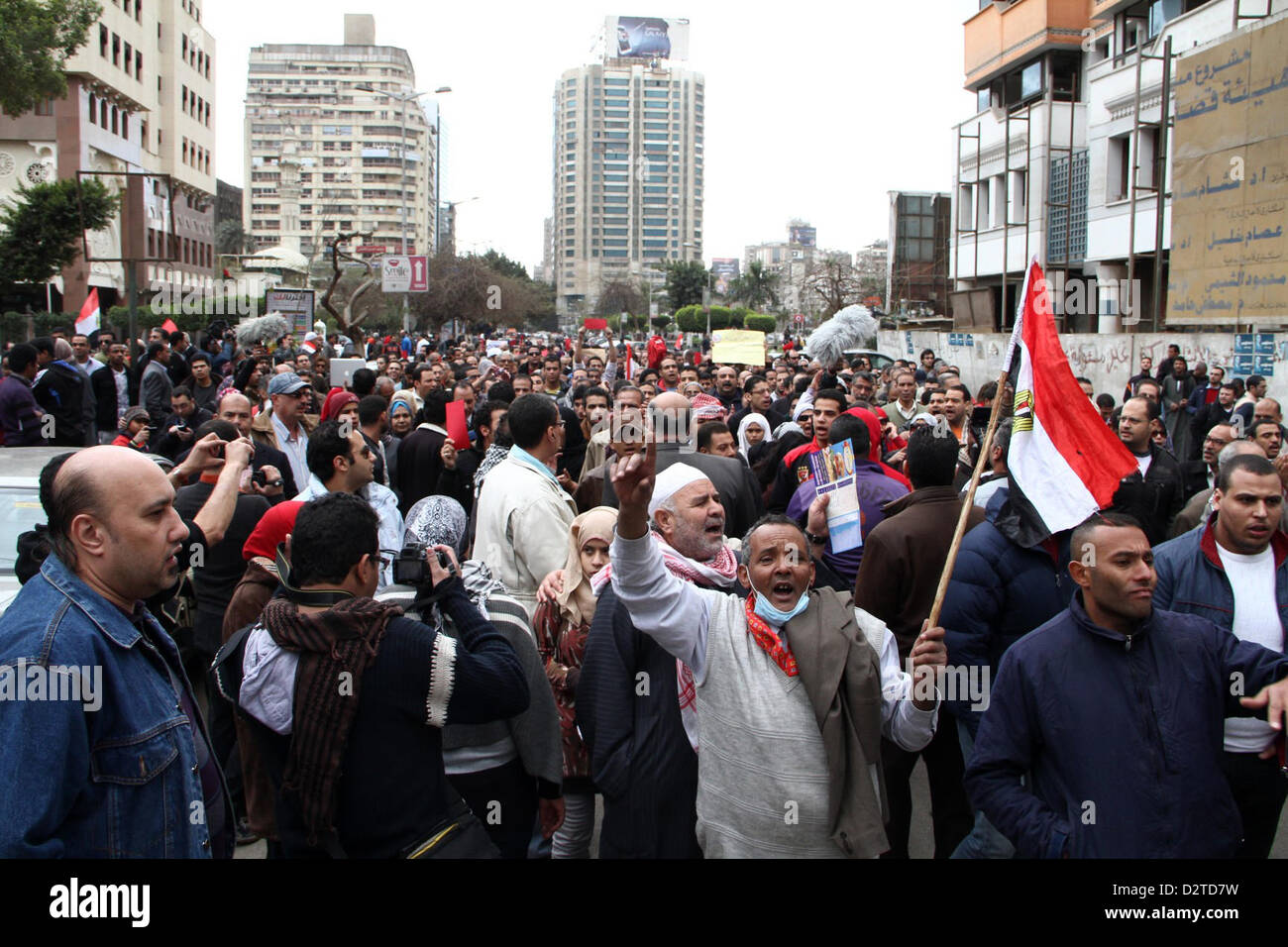 Feb. 1, 2013 - Cairo, Cairo, Egypt - Egyptian protesters take part in a demonstration calling  for Islamist President Mohamed Morsi to step down outside the Mustafa Mahmoud Mosque, in Cairo on February 1, 2013. Thousands of Egyptians flooded the streets in a show of opposition to the Islamist President and his Muslim Brotherhood  (Credit Image: © Tarek Al-Gabas/APA Images/ZUMAPRESS.com) Stock Photo