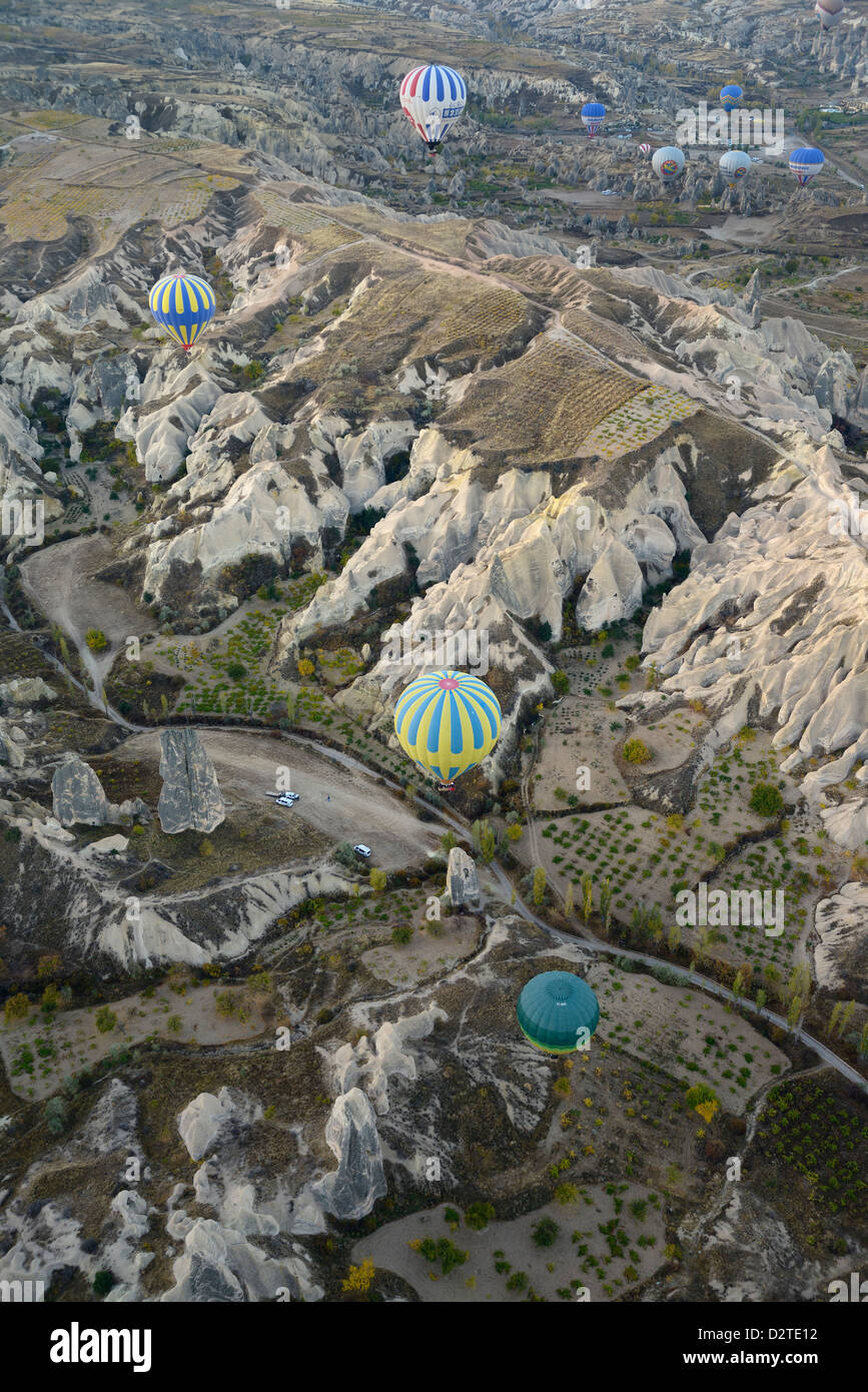 Aerial view from hot air balloon of the Red Valley and Goreme Nation Park in Cappadocia Turkey Stock Photo