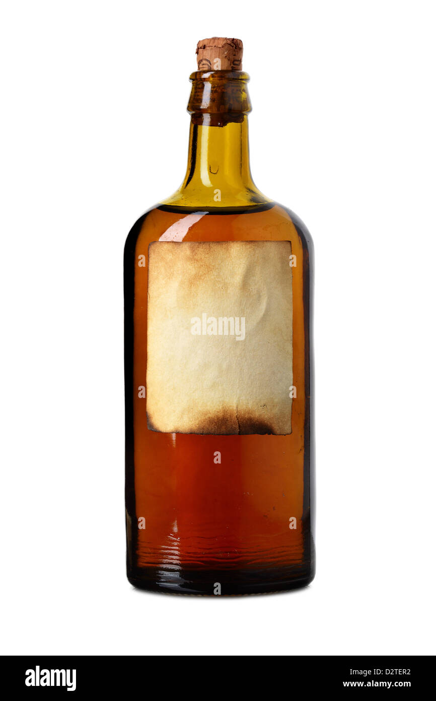 Tagged bottle with transparent liquid isolated over white background Stock Photo