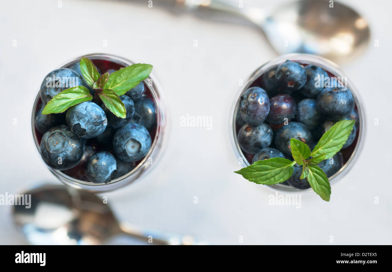 Fresh plump blueberry yogurt parfait with mint Stock Photo