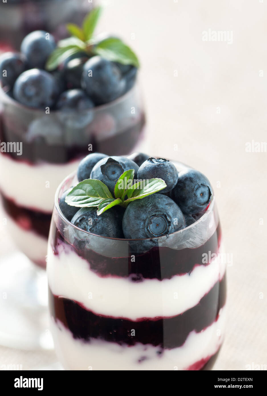 Glass of yogurt and blueberry layered dessert Stock Photo