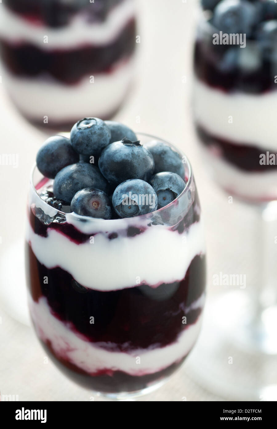 Glass of yogurt and blueberry layered dessert Stock Photo