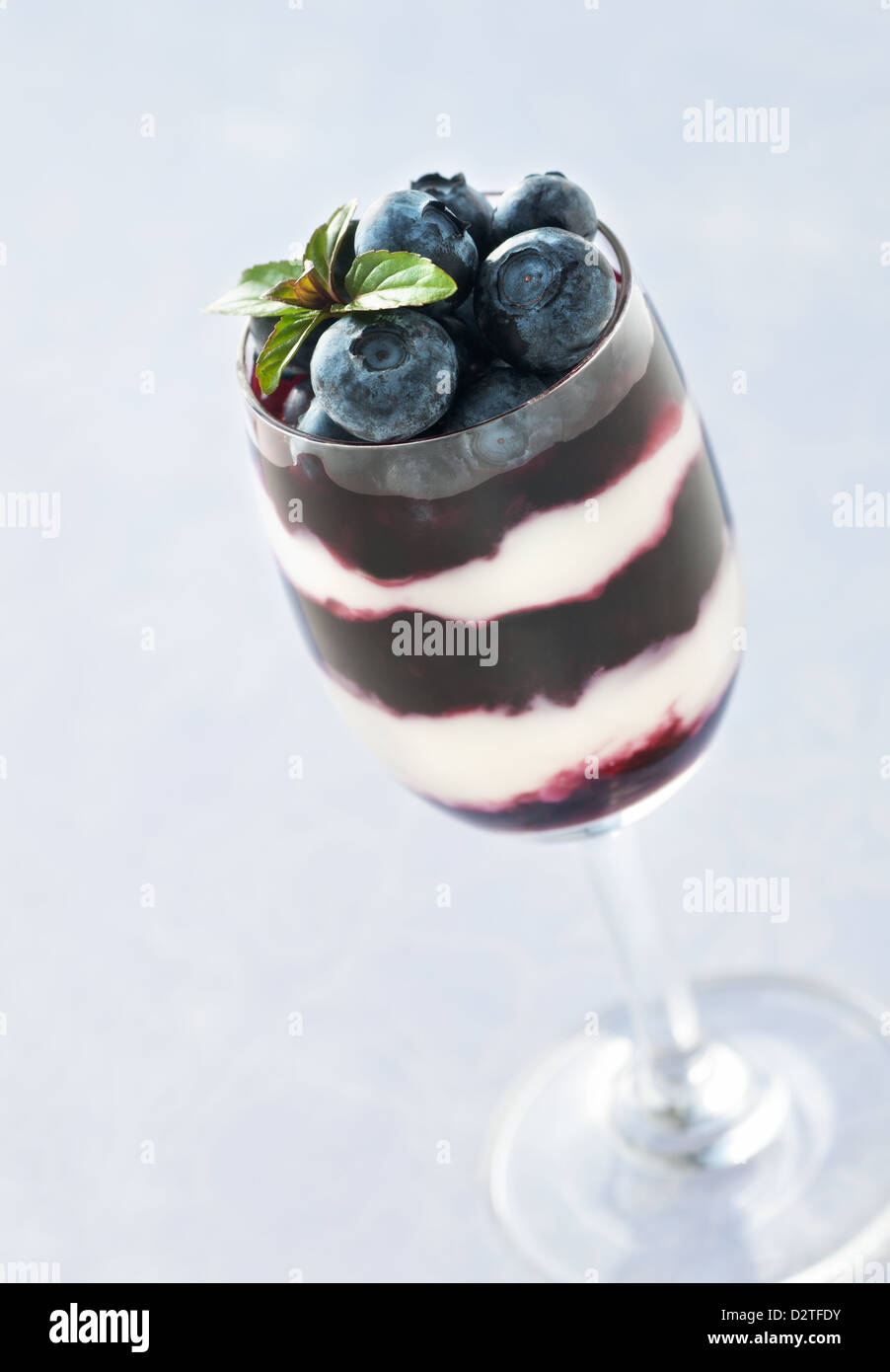 Glass of yogurt and blueberry layered dessert Stock Photo