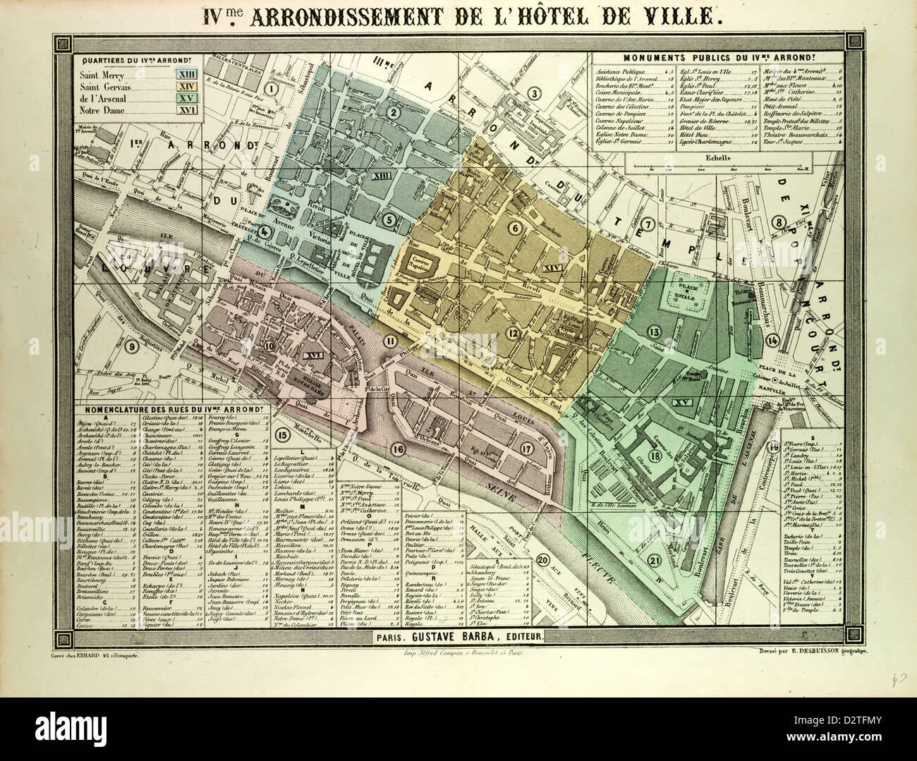 MAP OF THE 4TH ARRONDISSEMENT DE L'HÔTEL DE VILLE PARIS FRANCE Stock Photo