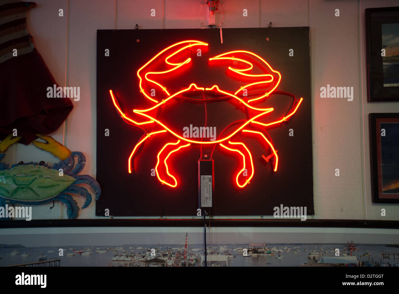 Illuminated neon crab sign Stock Photo Alamy