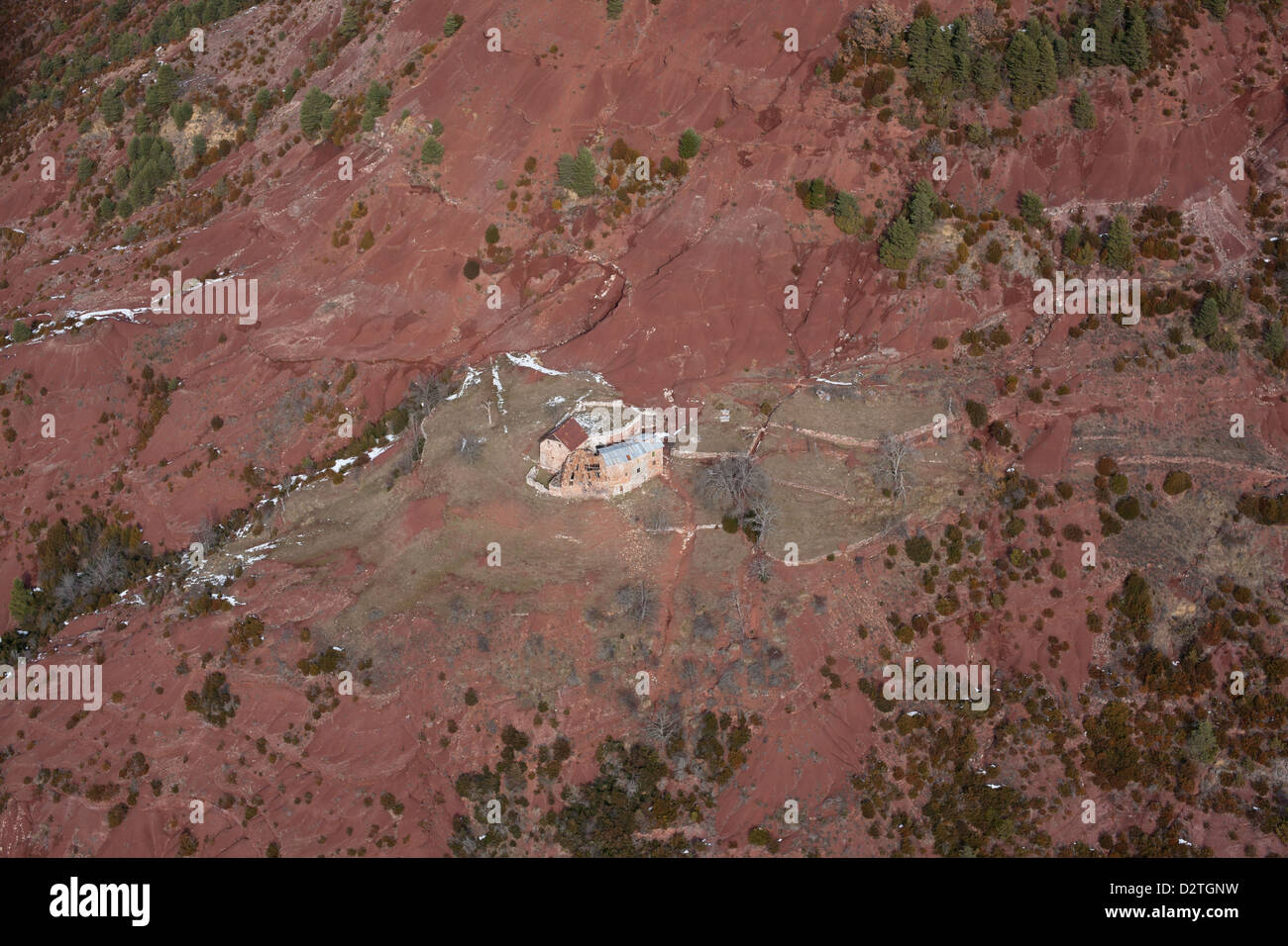 AERIAL VIEW. Abandoned copper mine. Roua, Daluis Gorge, French Riviera's backcountry, France. Stock Photo