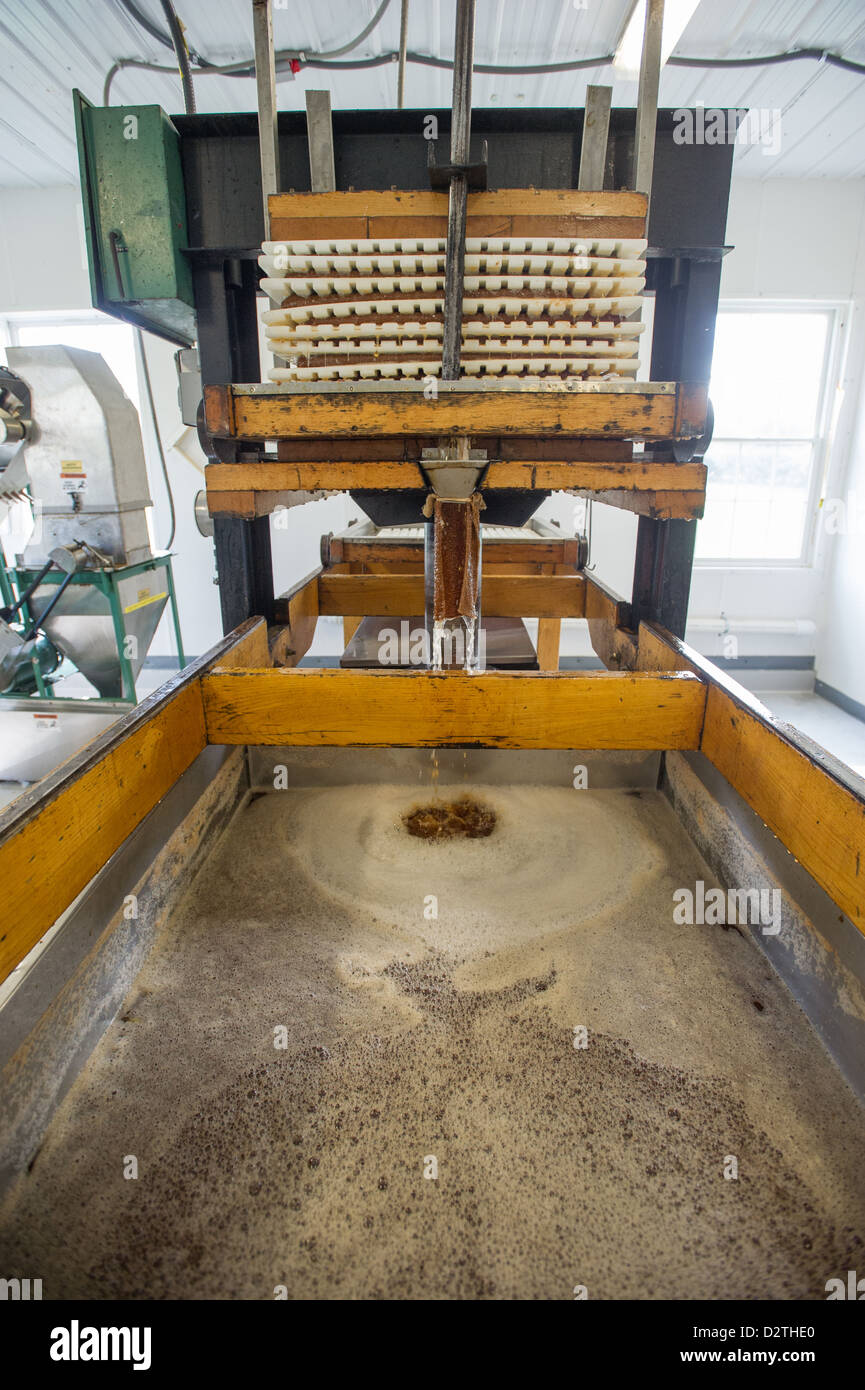 Apples, apple juice and cider press at a hard cider distillery  Stock Photo