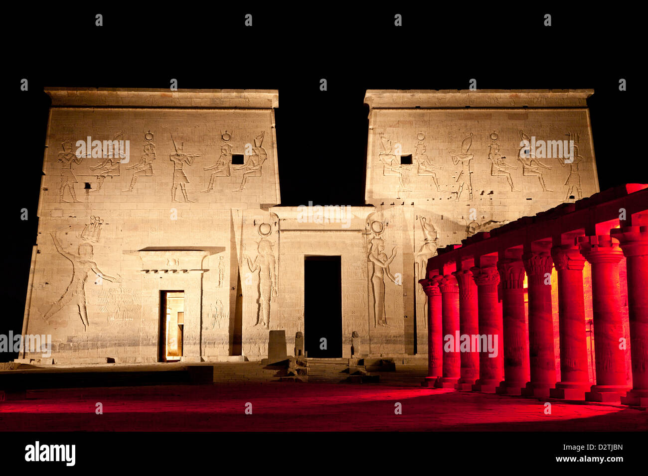 Sound and Light Show on Isis Temple and Eastern Colonnade leading to the Lion Statues at Nectanebo's Gate,Philae Temple, Aswan. Stock Photo