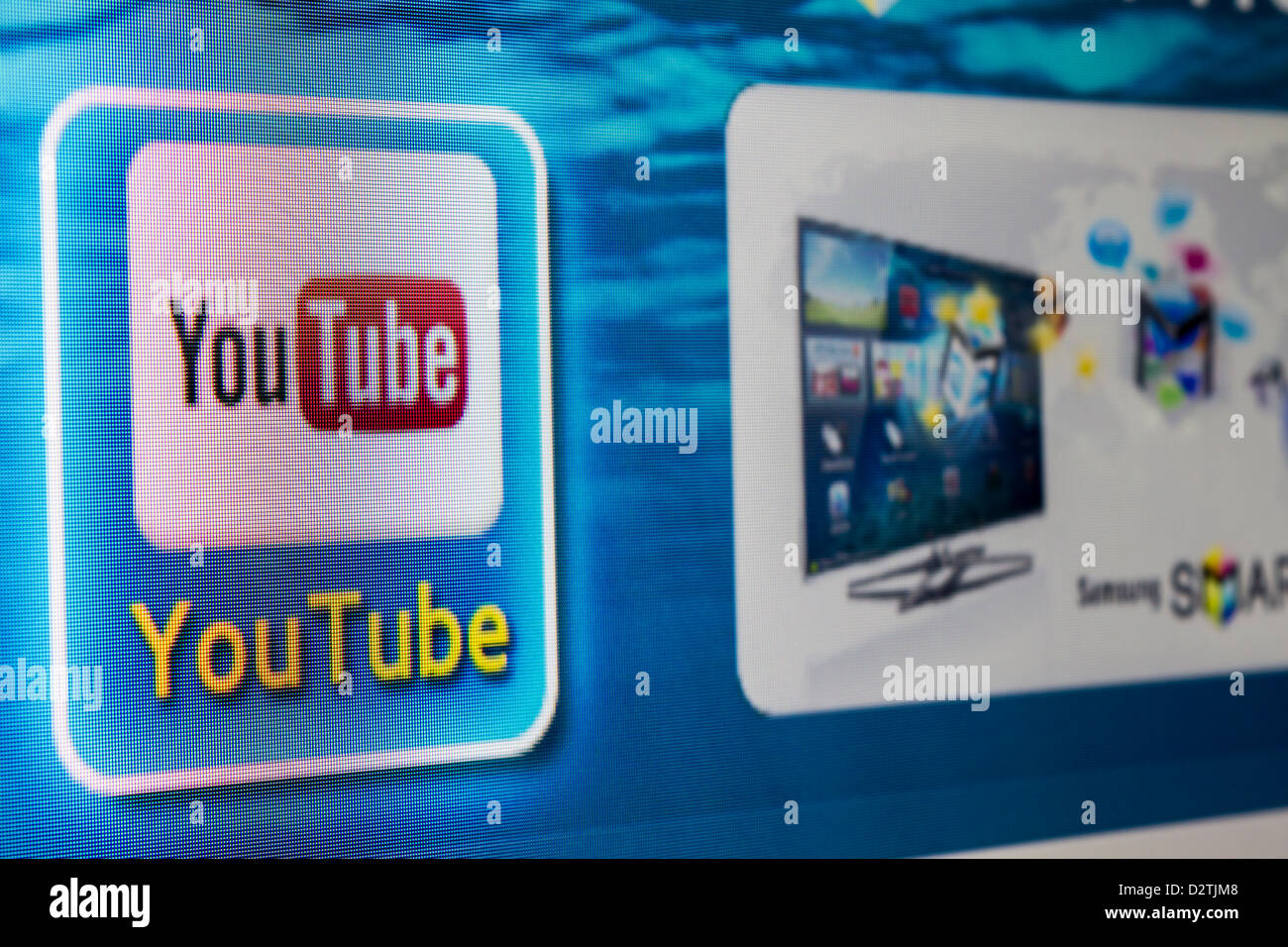 YouTube app icon on a Tv screen. YouTube is the World's most acknowledged video sharing site, established in 2005. Stock Photo