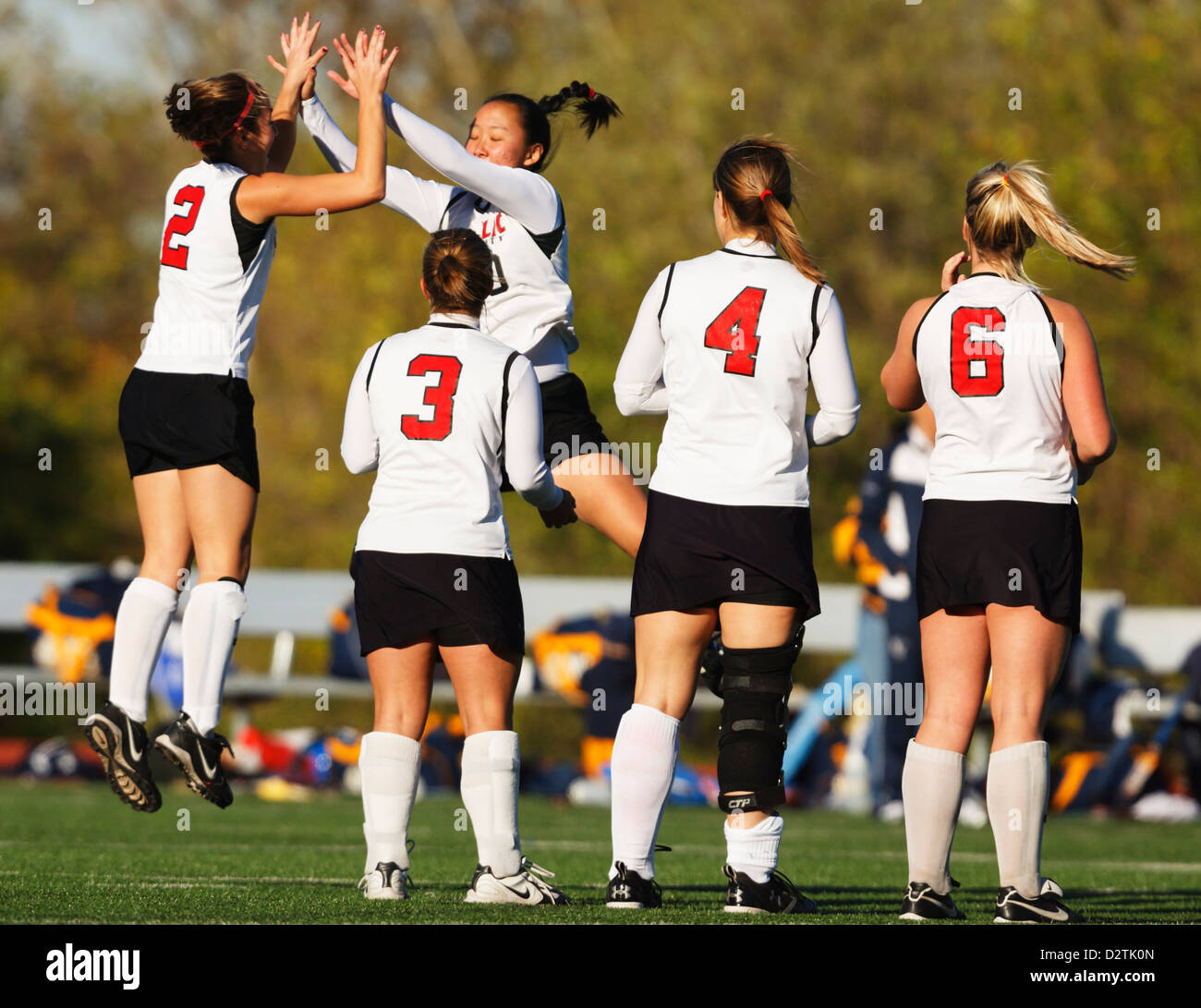 Catholic University players exchange high fives during team introductions before the Landmark Conference field hockey final. Stock Photo
