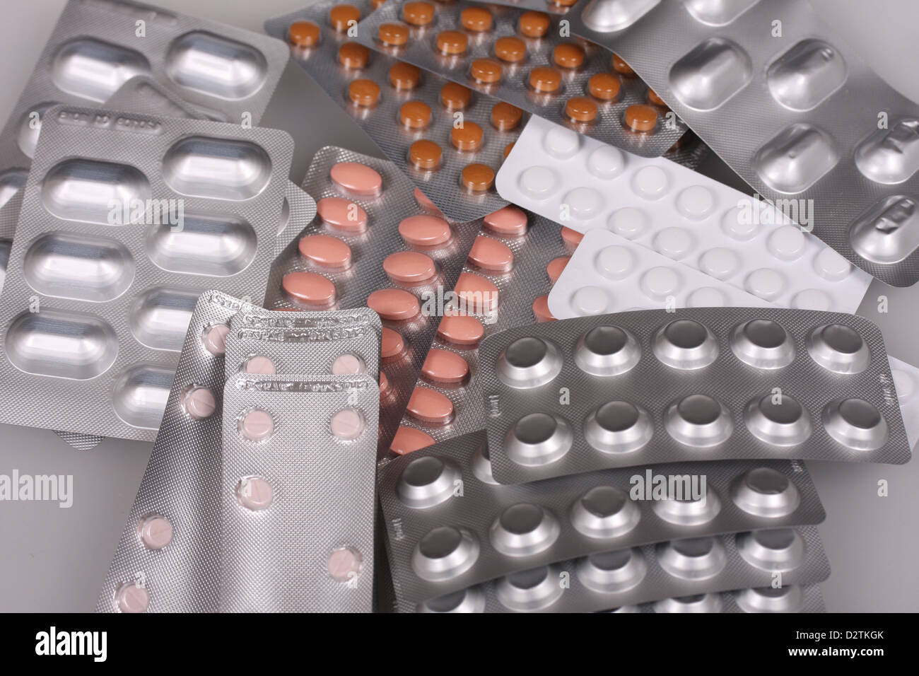 Pharmaceuticals illustration showing oral prescription drugs in blister packs. 28 January 2013. Stock Photo