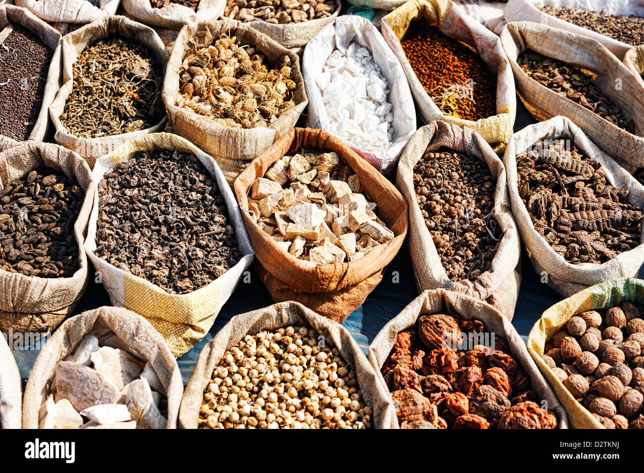 Variety of spices in local market in Pushkar. Rajasthan, India, Asia