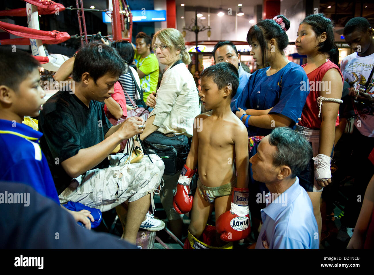 Bangkok, Thailand, a little boy is ready for a boxing match Stock Photo