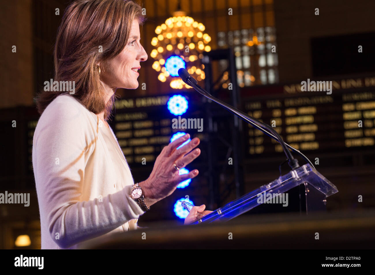 New York City, USA, 1 February 2013. Caroline Kennedy speaking of the restoration of the Terminal at the centennial celebration of Grand Central Terminal. Kennedy's mother, Jacqueline Kennedy Onassis, was instrumental in the historic preservation of Grand Central. Stock Photo