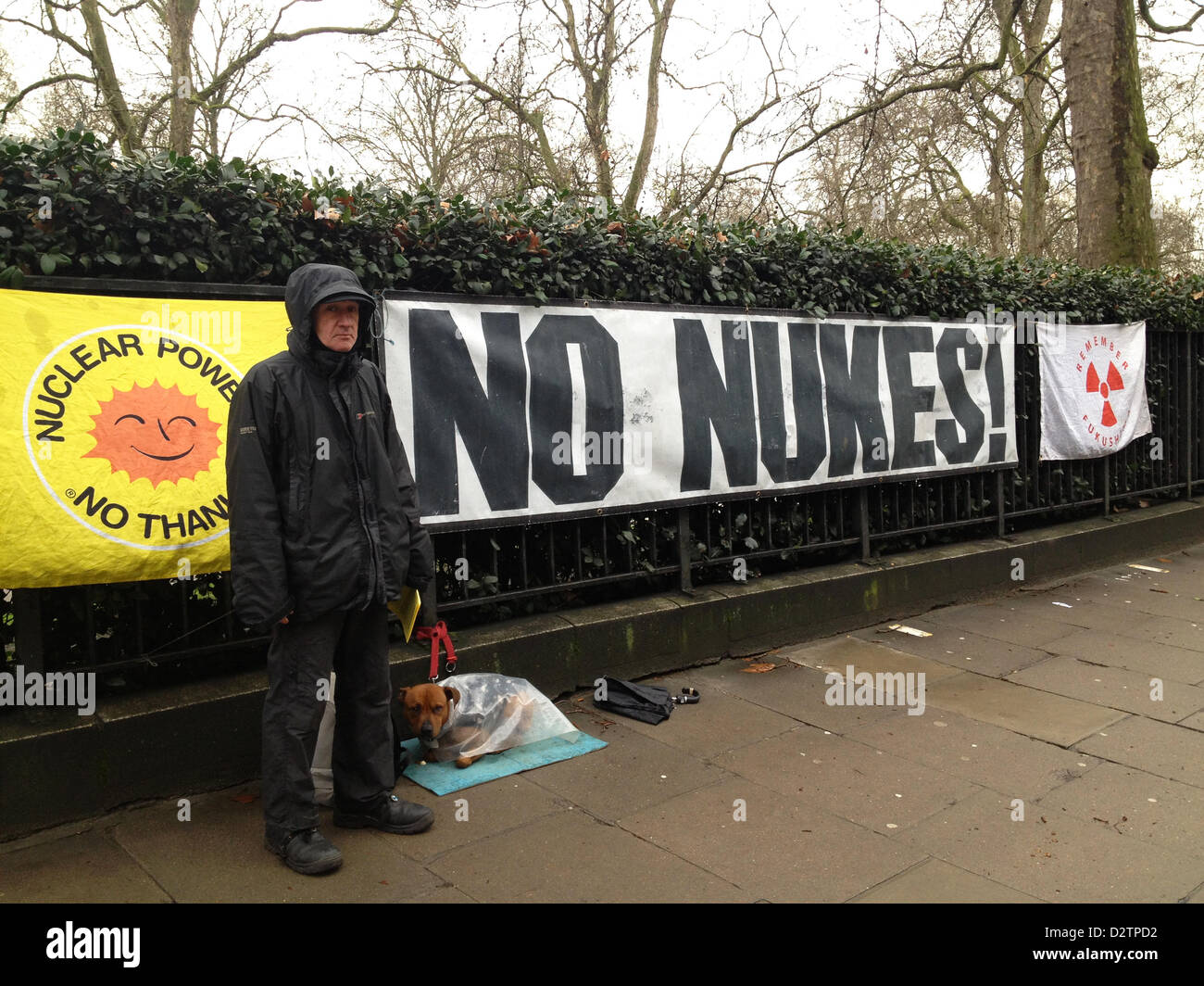 London, UK, 1st February 2013. Anti nuclear power demonstration in front of the Japanese embassy on Piccadilly. These demonstrations are held every Friday in solidarity with Japanese anti-nuclear power protestors. They are organized by Kick Nuclear and Japanese Against Nuclear. Stock Photo