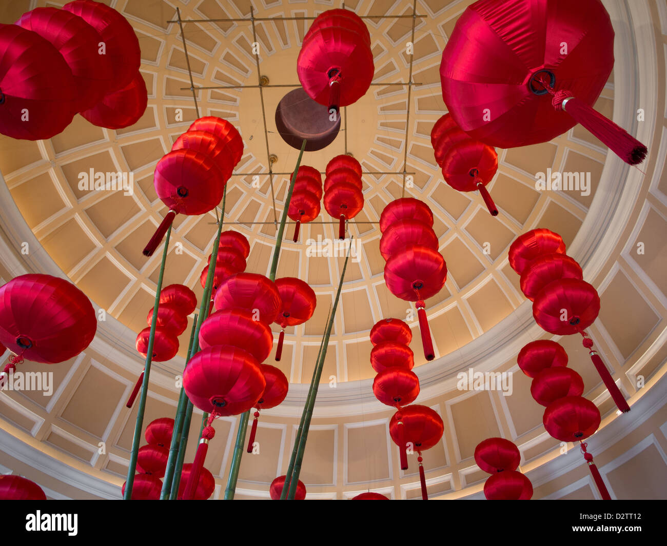 Red Chinese New Year lanterns hanging from a dome in the Bellagio Hotel in Las Vegas, Nevada Stock Photo
