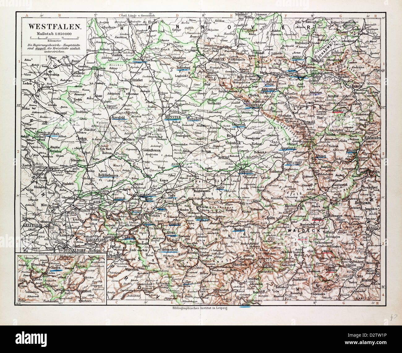 MAP OF NORDRHEIN-WESTFALEN GERMANY 1899 Stock Photo