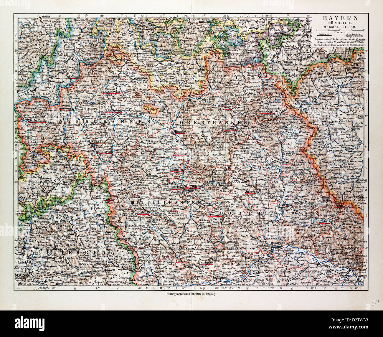 MAP OF THE NORTHERN PART OF BAVARIA GERMANY 1899 Stock Photo